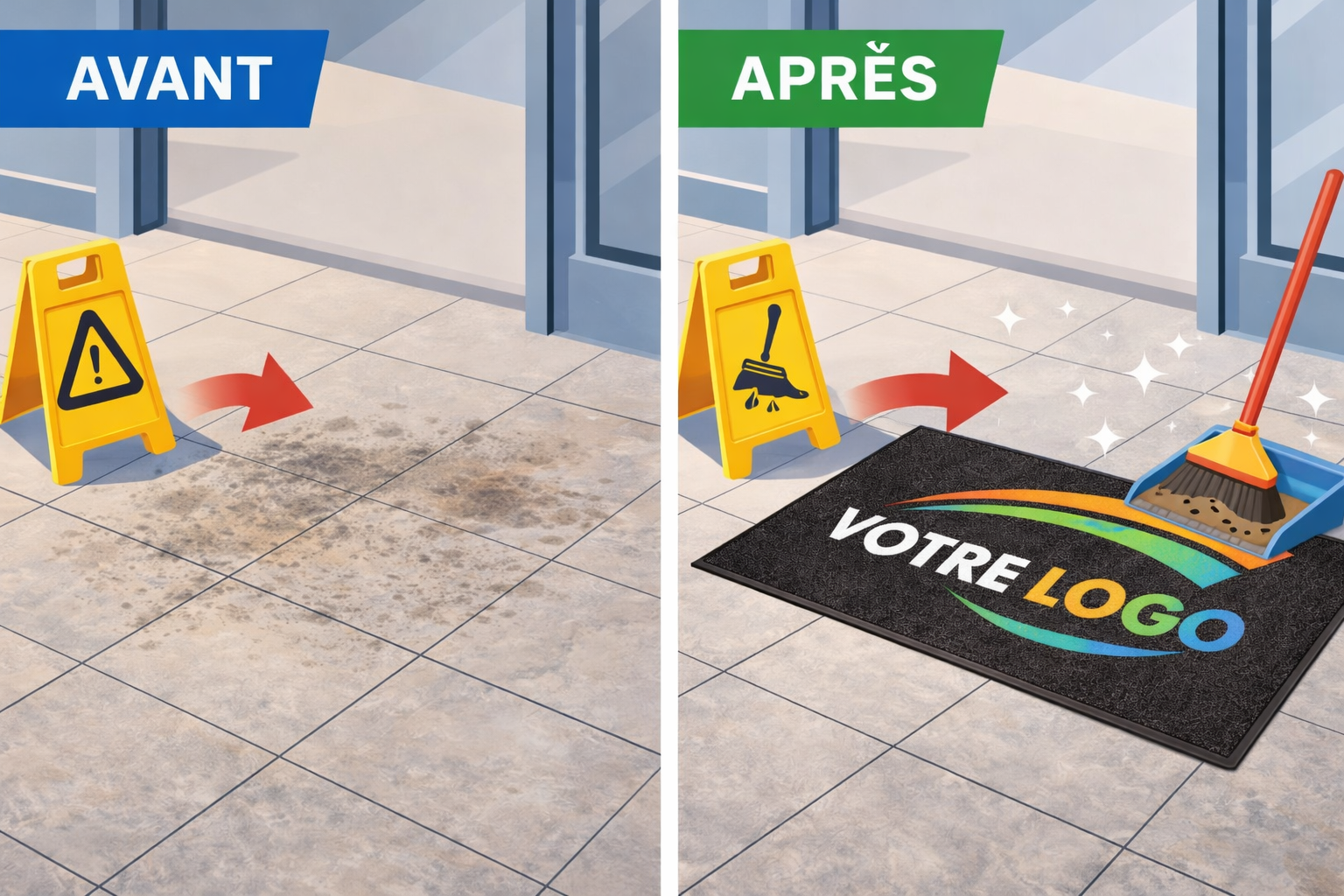sol protègé par un tapis avec logo